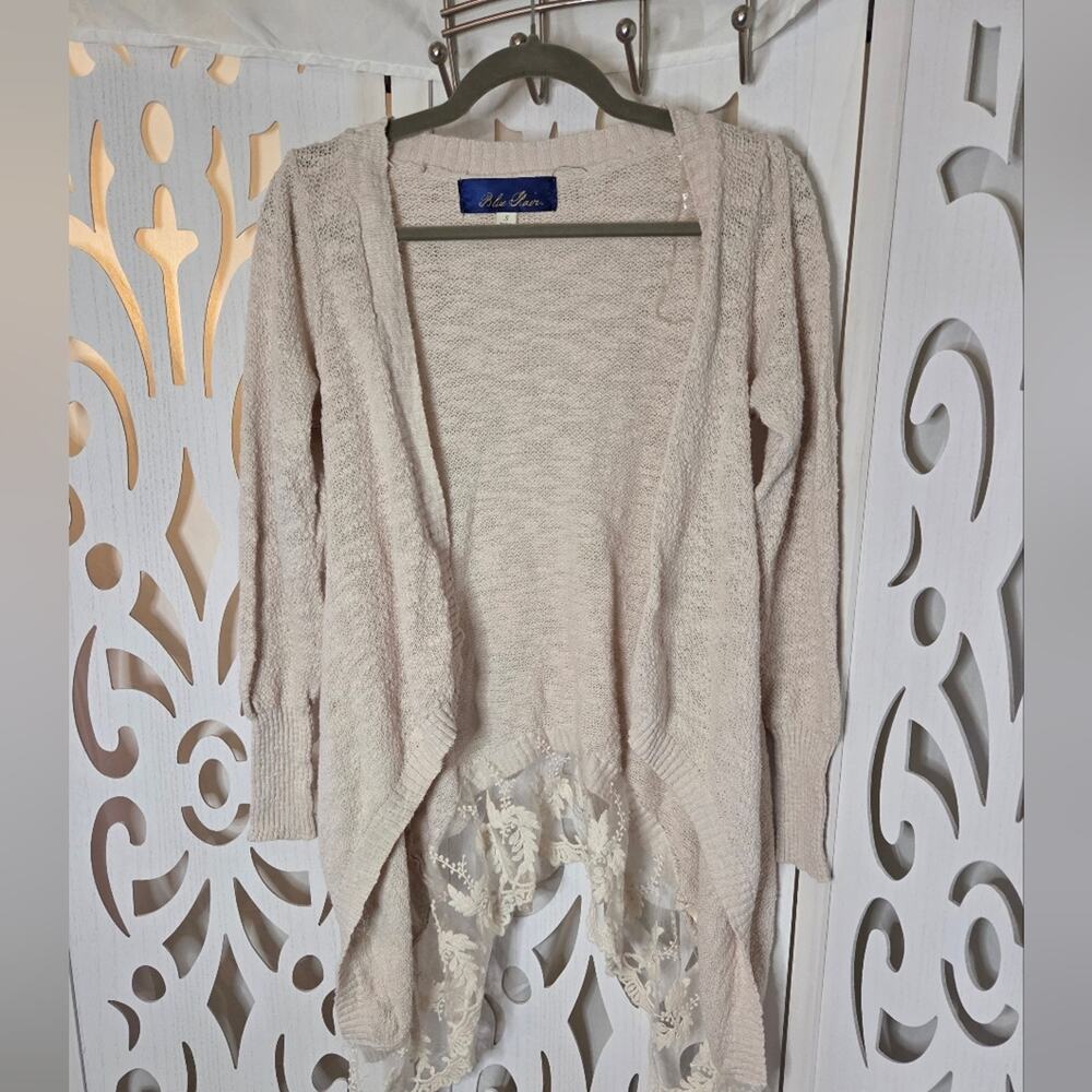 Blue Rain Small Cream Knit Lace Hem Open Front Cardigan Boho
